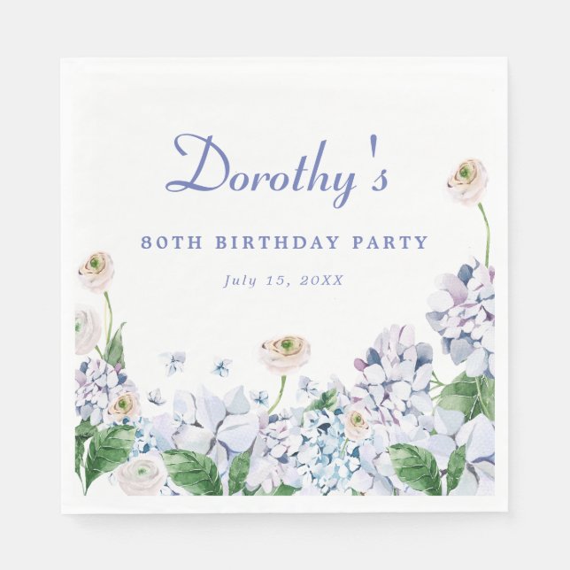 Hydrangea Rose 80th Birthday Personalised Custom Napkin (Front)