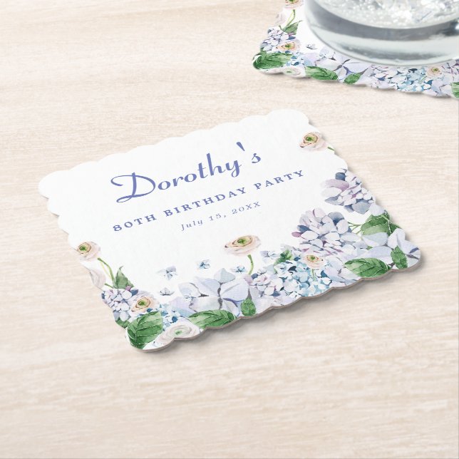 Hydrangea Rose 80th Birthday Personalised Custom Paper Coaster (Angled)