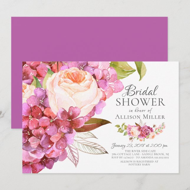 Hydrangea Rose Floral Bridal Shower Invitations (Front/Back)