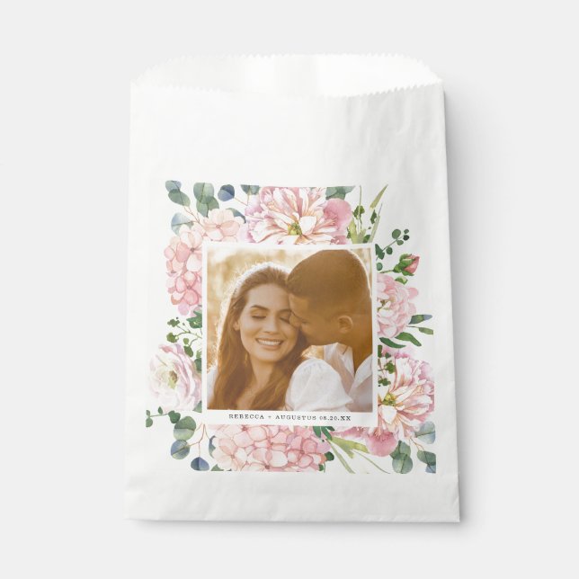 Hydrangea Rose Pink Watercolor Floral Photo Favour Bags (Front)