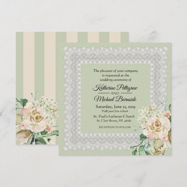 Hydrangea Roses Floral Lace Sage Green Wedding Invitation (Front/Back)