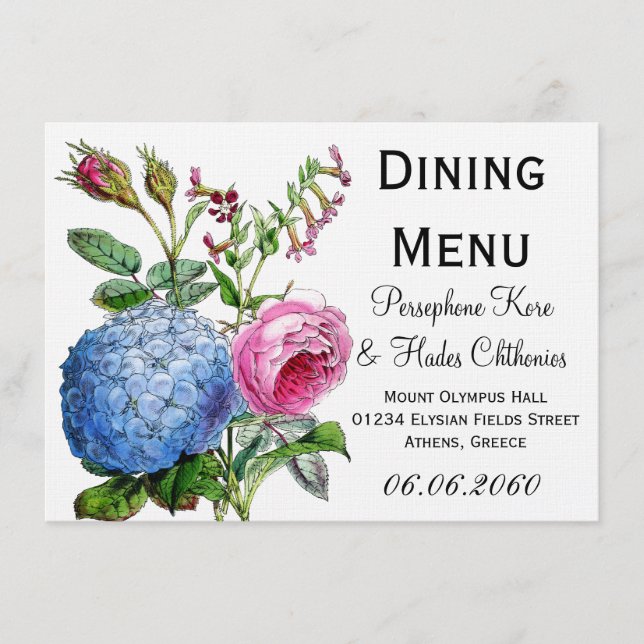 Hydrangea Roses Floral Wedding Dining Menu (Front)