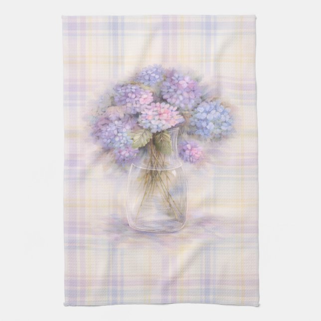 Hydrangea Tea Towel | Pastel Plaid Kitchen Decor (Vertical)
