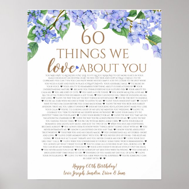 hydrangea things we love you 60 things birthday poster (Front)
