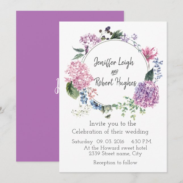 Hydrangea ultra violet flower wreath wedding invitation (Front/Back)