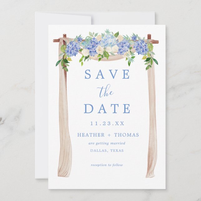 Hydrangea Watercolor Dusty Blue Rustic Save The Date (Front)