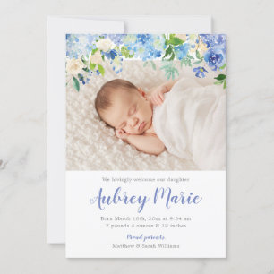 Hydrangea Watercolor Floral Girl Photo Birth Announcement