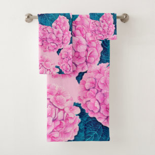 Hydrangea watercolor pattern, pink and blue bath towel set