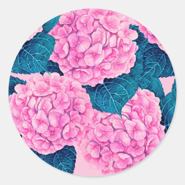 Hydrangea watercolor pattern, pink and blue classic round sticker (Front)