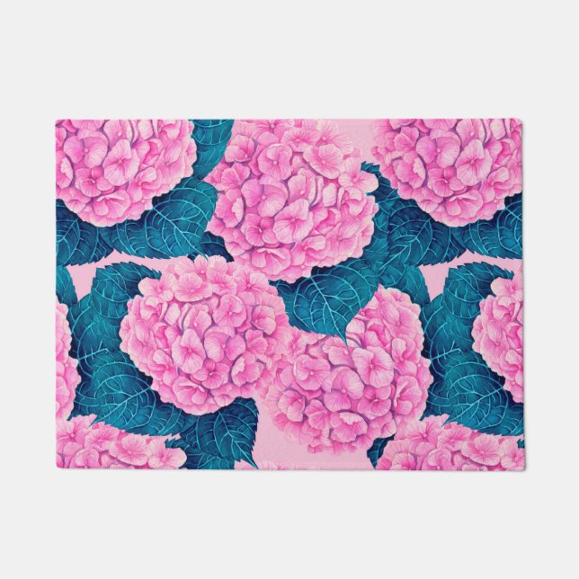 Hydrangea watercolor pattern, pink and blue doormat (Front)