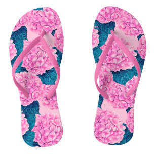 Hydrangea watercolor pattern, pink and blue flip flops
