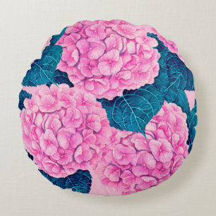 Hydrangea watercolor pattern, pink and blue round cushion