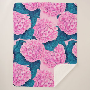 Hydrangea watercolor pattern, pink and blue sherpa blanket