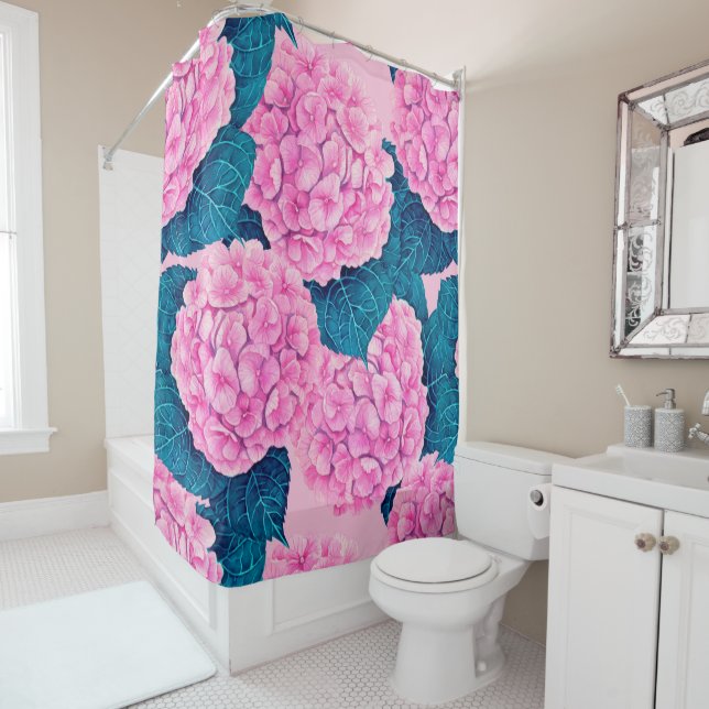 Hydrangea watercolor pattern, pink and blue shower curtain (In Situ)