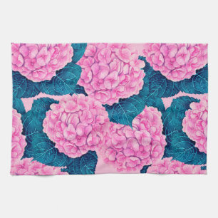 Hydrangea watercolor pattern, pink and blue tea towel