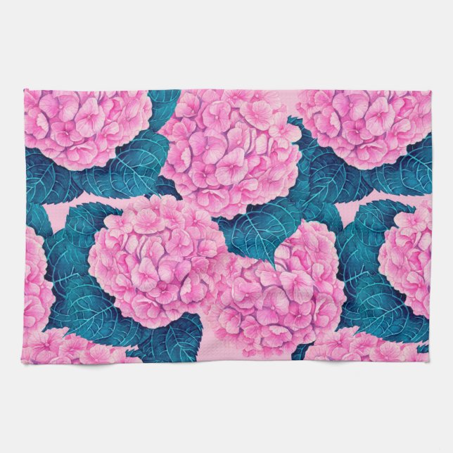 Hydrangea watercolor pattern, pink and blue tea towel (Horizontal)