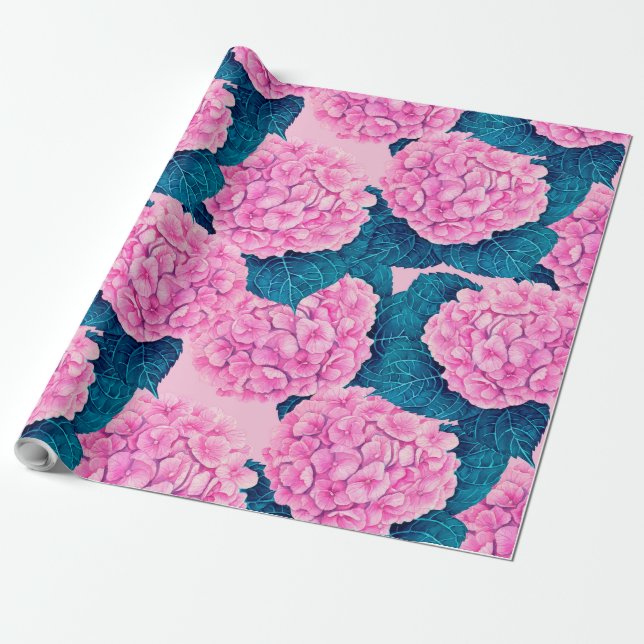 Hydrangea watercolor pattern, pink and blue wrapping paper (Unrolled)