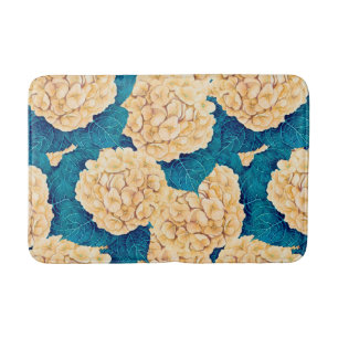Hydrangea watercolor pattern, yellow and blue bath mat