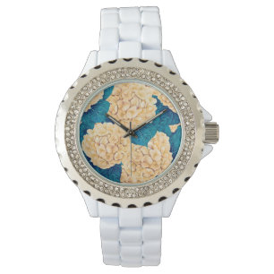 Hydrangea watercolor pattern, yellow and blue watch