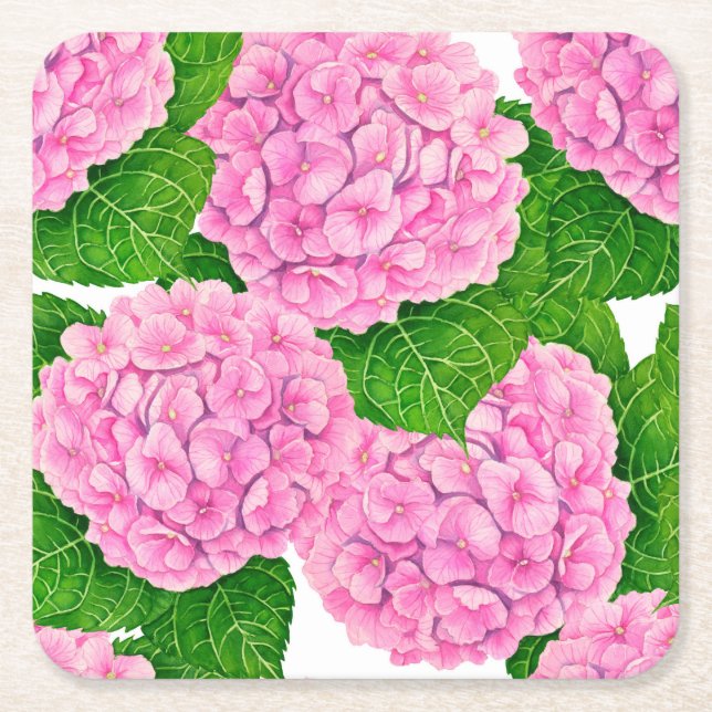 Hydrangea waterolor pattern square paper coaster (Front)
