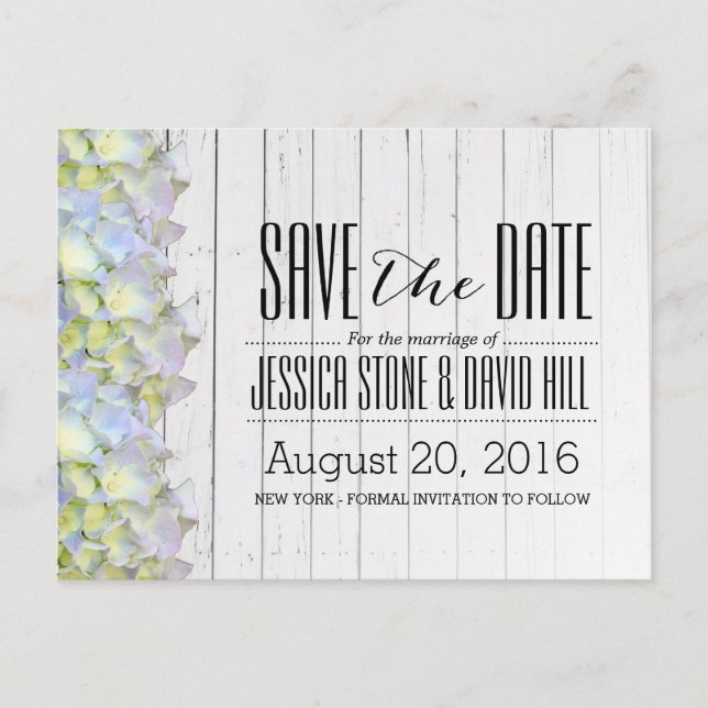 Hydrangea Weathered Wood Wedding Save the Date Announcement Postcard (Front)