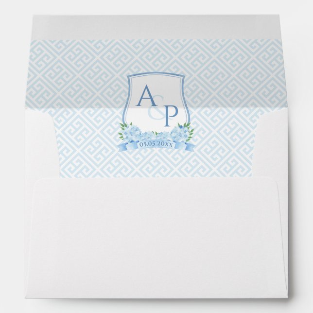 Hydrangea Wedding Crest Monogram Return Address Envelope (Back (Bottom))