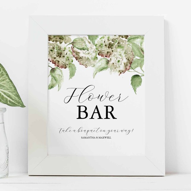 Hydrangea Wedding Flower Bar Signs (Flower bar sign watercolor hydrangea art by Victoria Grigaliunas of Do Tell A Belle)