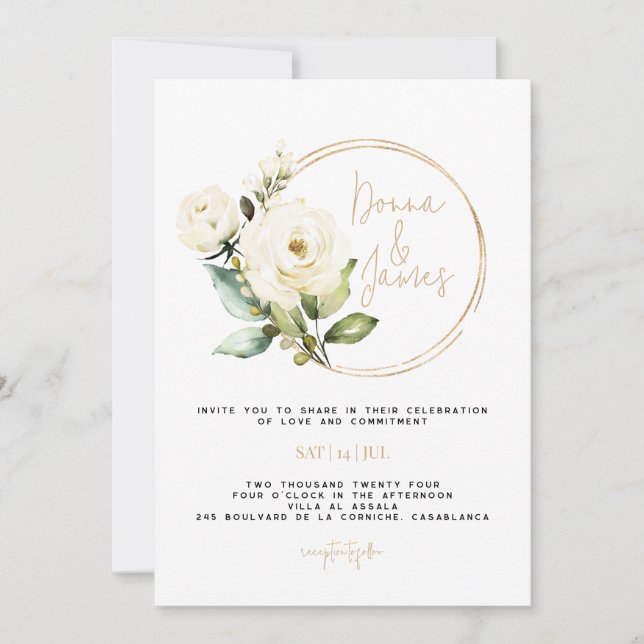Hydrangea, White Floral & Greenery, Gold, Frame Invitation (Front)