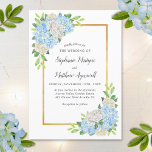 Hydrangea White Rose Gold Watercolor Wedding Invitation<br><div class="desc">These wedding invitations feature a modern floral design with blue hydrangea flowers,  white roses leaves,  foliage and a faux gold border. Personalise them with your own text.</div>
