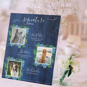 Hydrangea Wood Wedding 3 Photo Pet Signature Drink Pedestal Sign