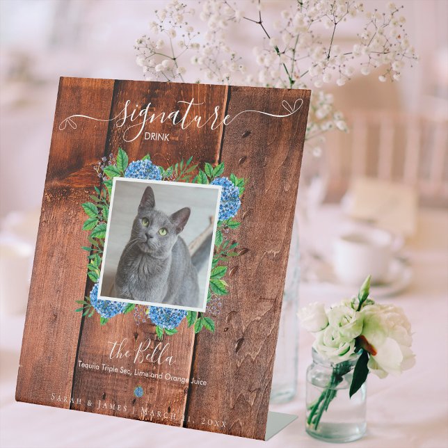 Hydrangea Wood Wedding Photo Pet Signature Drink Pedestal Sign (Creator Uploaded)