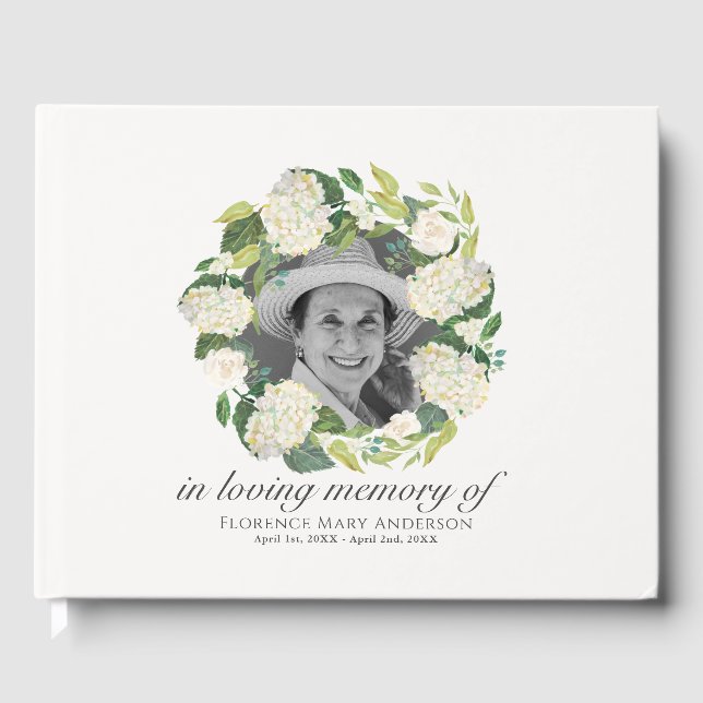 Hydrangea Wreath Photo Memorial Funeral Guest Book (Front)