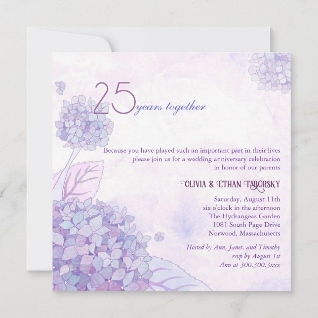 Hydrangeas 25th Silver Wedding Anniversary Invitation (Front)