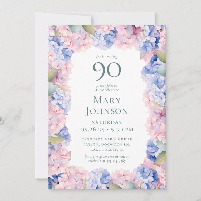 Hydrangeas 90th Birthday Party Invitation (Front)