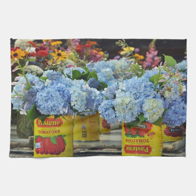 Hydrangeas and Fresh Flowers in Tomato Cans Tea Towel (Horizontal)