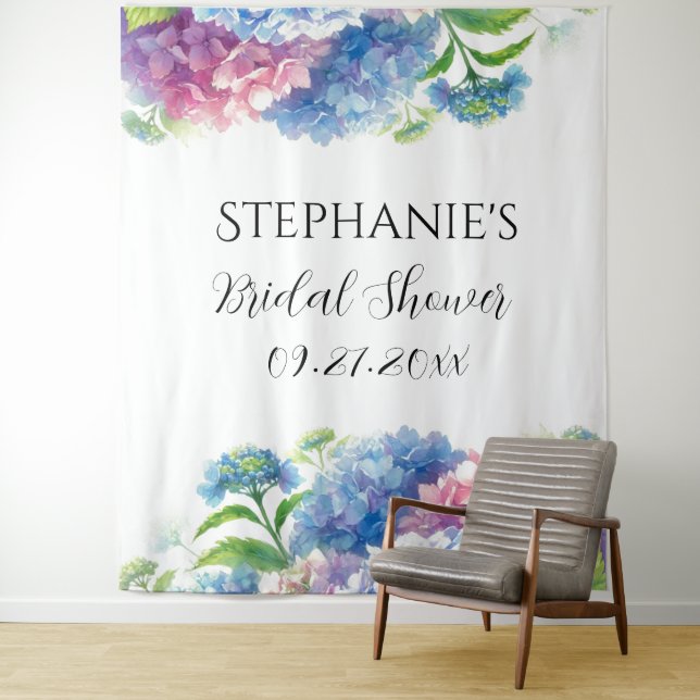 Hydrangeas Blue Floral Bridal Shower Photo Booth Tapestry (In Situ)