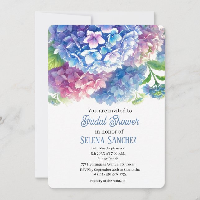 Hydrangeas Blue Floral Watercolor Bridal Shower  Invitation (Front)