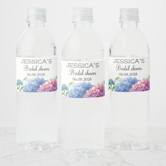 Hydrangeas Blue Flowers  Bridal Shower Party Water Bottle Label (Bottles)