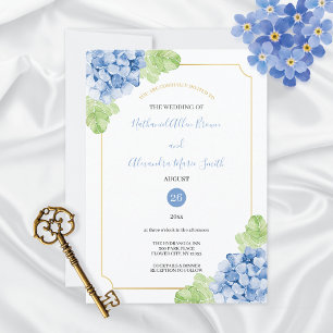 Hydrangeas Blue Gold Frame Wedding Invitation