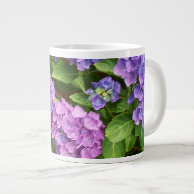 Hydrangeas, Blue, Pink, Mauve, Green Leaves Large Coffee Mug (Front Right)