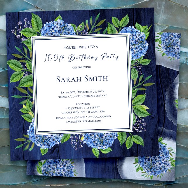 Hydrangeas Blue Rustic Wood 100th Birthday Party Invitation (Creator Uploaded)