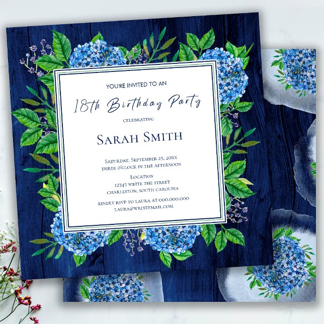 Hydrangeas Blue Rustic Wood 18th Birthday Party  Invitation (Creator Uploaded)