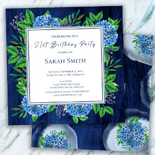 Hydrangeas Blue Rustic Wood 21st Birthday Party Invitation