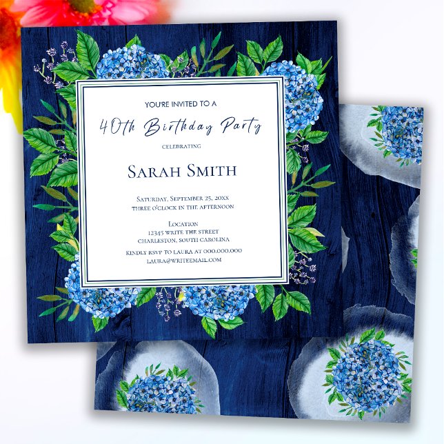 Hydrangeas Blue Rustic Wood 40th Birthday Party Invitation (Creator Uploaded)
