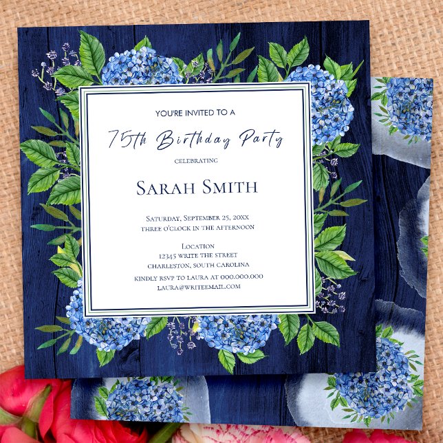 Hydrangeas Blue Rustic Wood 75th Birthday Party Invitation (Creator Uploaded)
