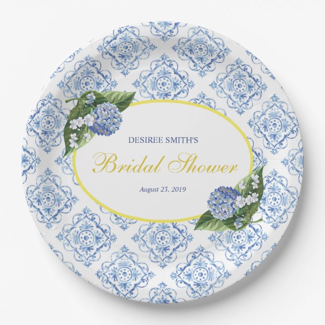 Hydrangeas Blue Tile Paper Plates (Front)