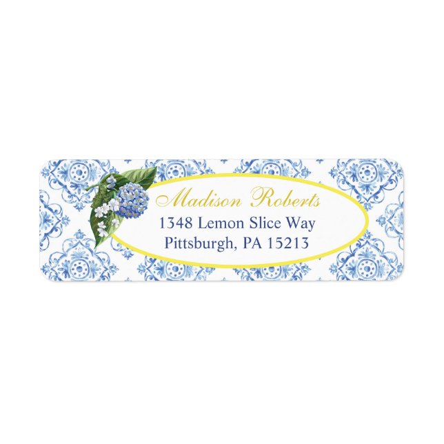 Hydrangeas Blue Tile Return Address Labels (Front)