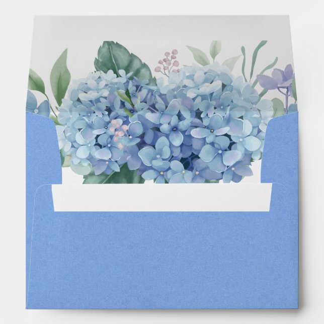 Hydrangeas Blue Watercolor Floral Wedding Envelope (Back (Bottom))