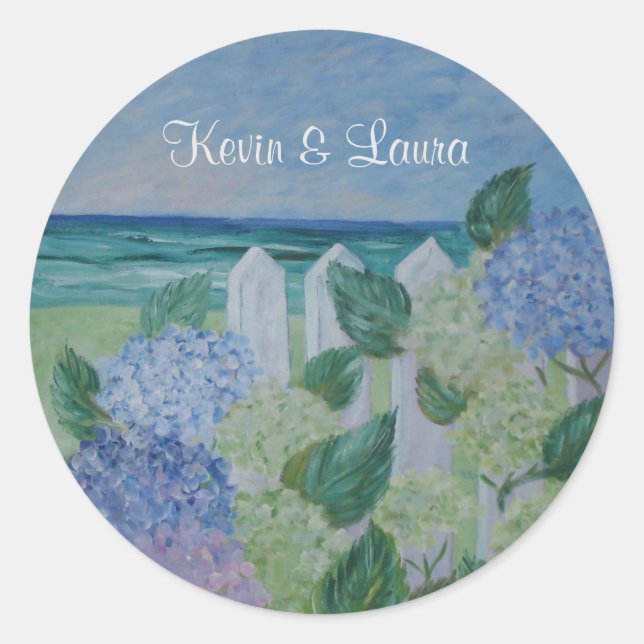 Hydrangeas By The Beach Wedding Classic Round Sticker (Front)