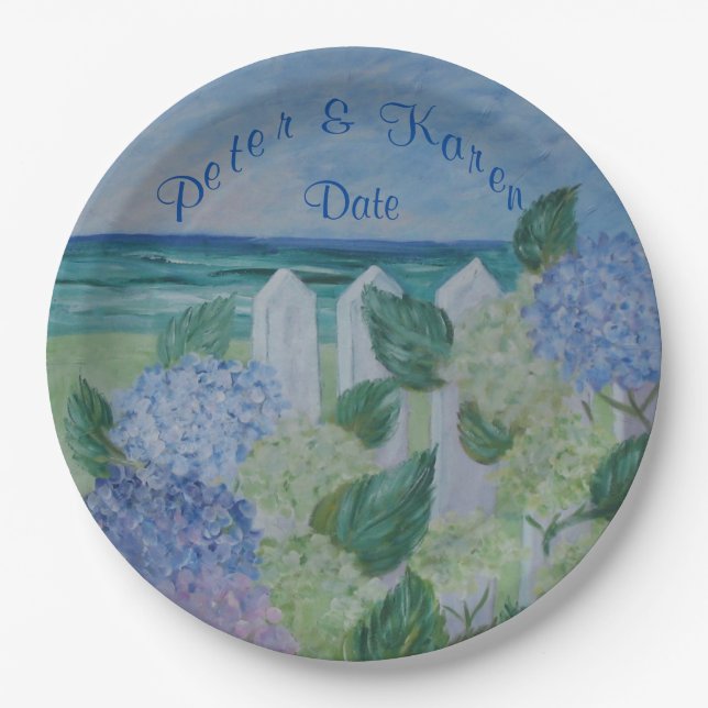 Hydrangeas By The Beach Wedding Paper Plate (Front)